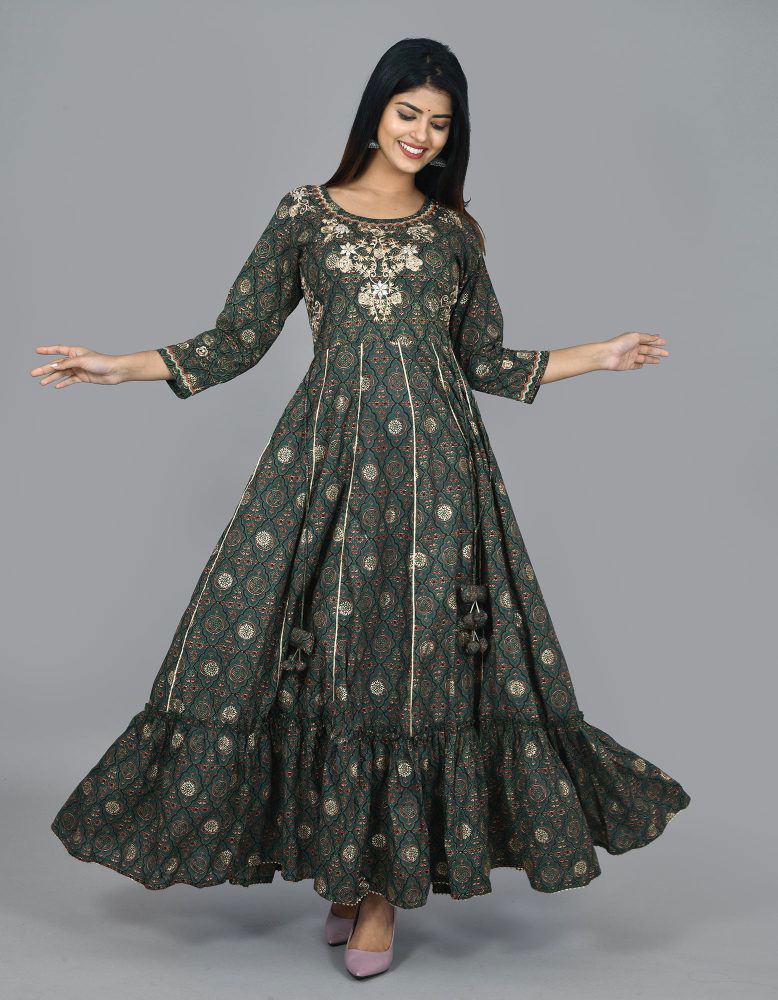 Green Printed Ethnic Gowns Kurta - pacificexportsimports - #tag1#