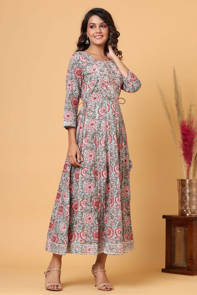Grey-Pink Embroidered Cotton Ethnic Gown - pacificexportsimports - #tag1#