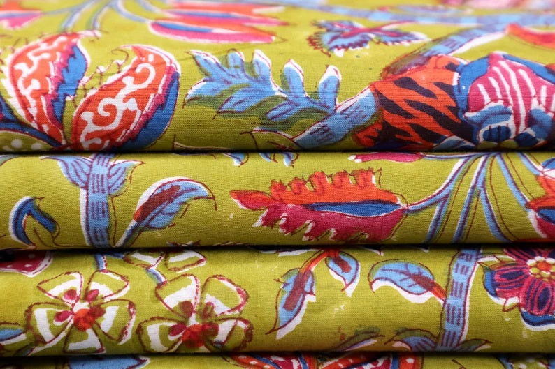 Hand Block Print Fabric | Brown Floral Summer Dressmaking Fabric - pacificexportsimports - #tag1#