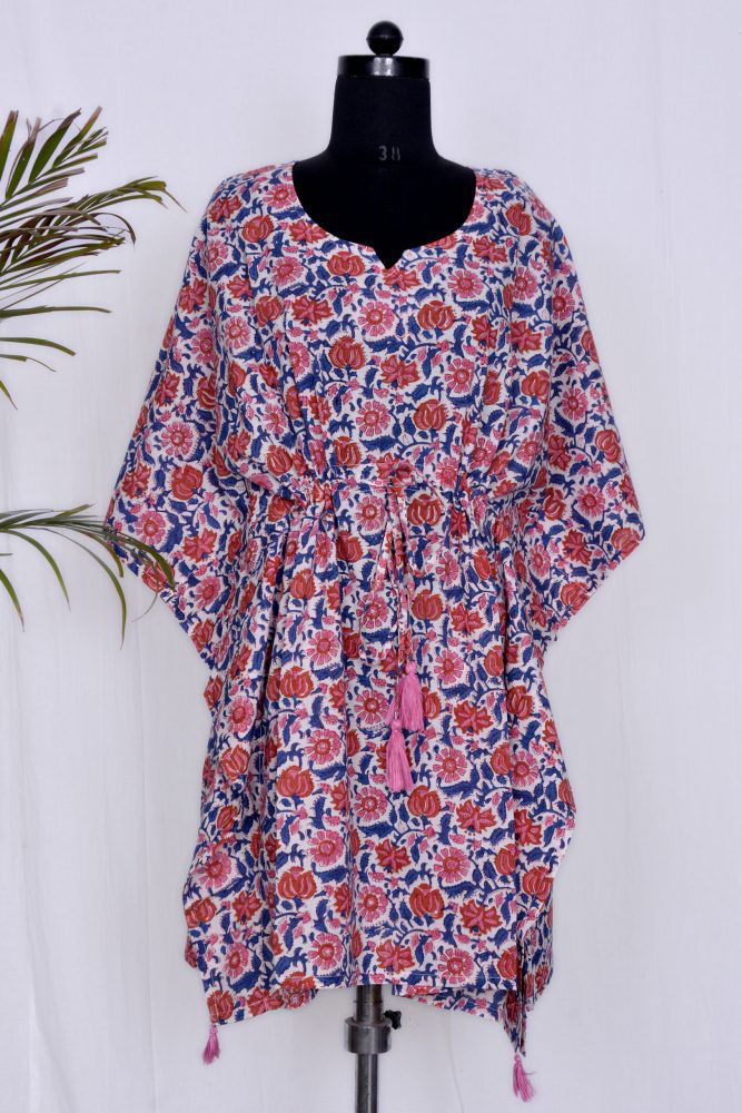 Hand Block Print Red Cotton Kaftan - pacificexportsimports - #tag1#