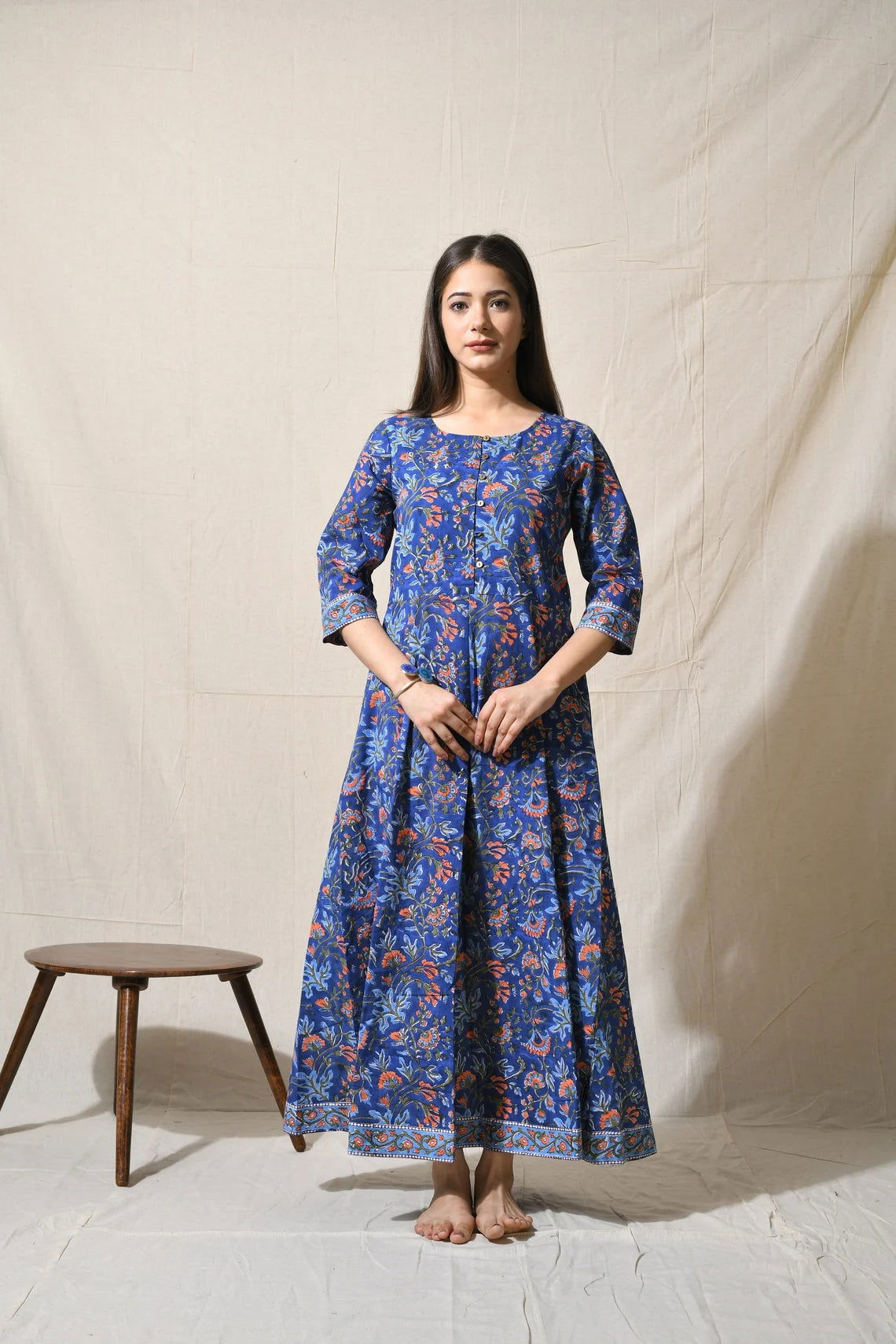 Hand Block Printed Dress Indian long Blue Maxi Dress - pacificexportsimports - #tag1#