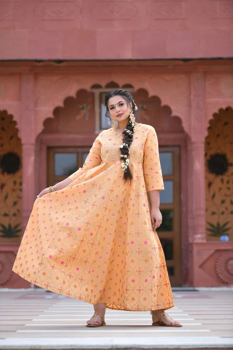 Indian Gown Floral Gold Printed Long Anarkali Kurta Tunic Kurti for Women - pacificexportsimports - #tag1#
