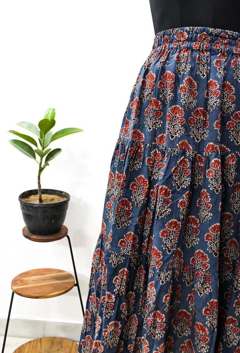 Indian Hand Blue Blockprint Organic Cotton Skirt - pacificexportsimports - #tag1#