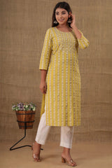 Indian Salwar Suit Yellow Zari Embroidery Cotton Kurti Pant Set - pacificexportsimports - #tag1#