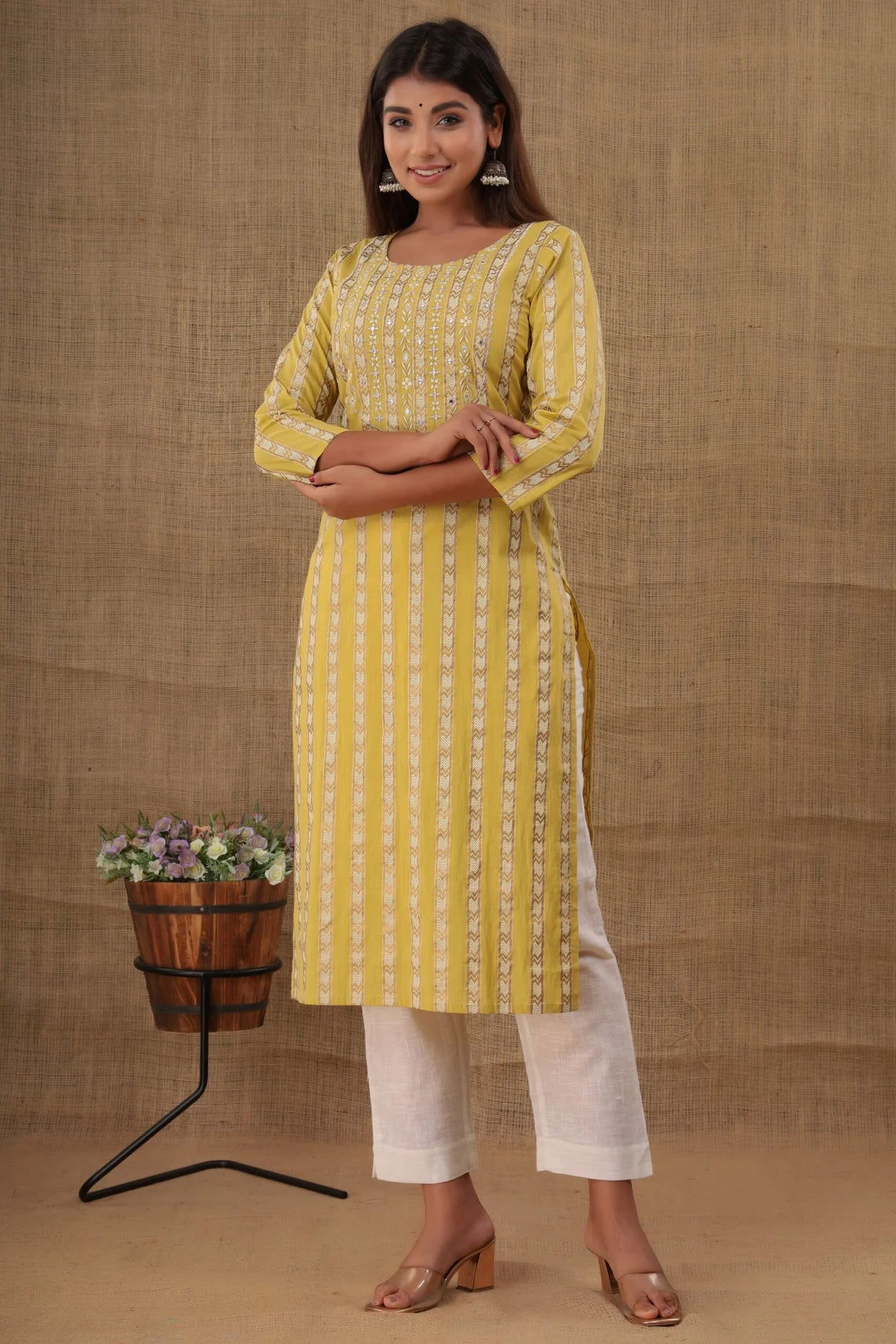 Indian Salwar Suit Yellow Zari Embroidery Cotton Kurti Pant Set - pacificexportsimports - #tag1#