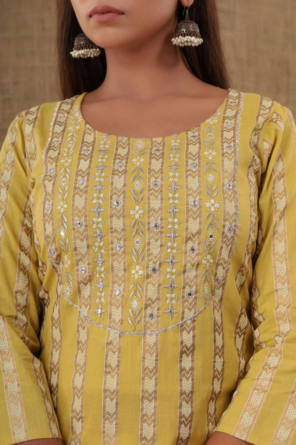 Indian Salwar Suit Yellow Zari Embroidery Cotton Kurti Pant Set - pacificexportsimports - #tag1#