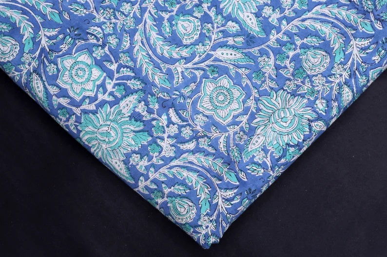 Jaipur Fabric | Blue Cotton Fabric Floral | Block Print Fabric | Running Fabric by the yard - pacificexportsimports - #tag1#