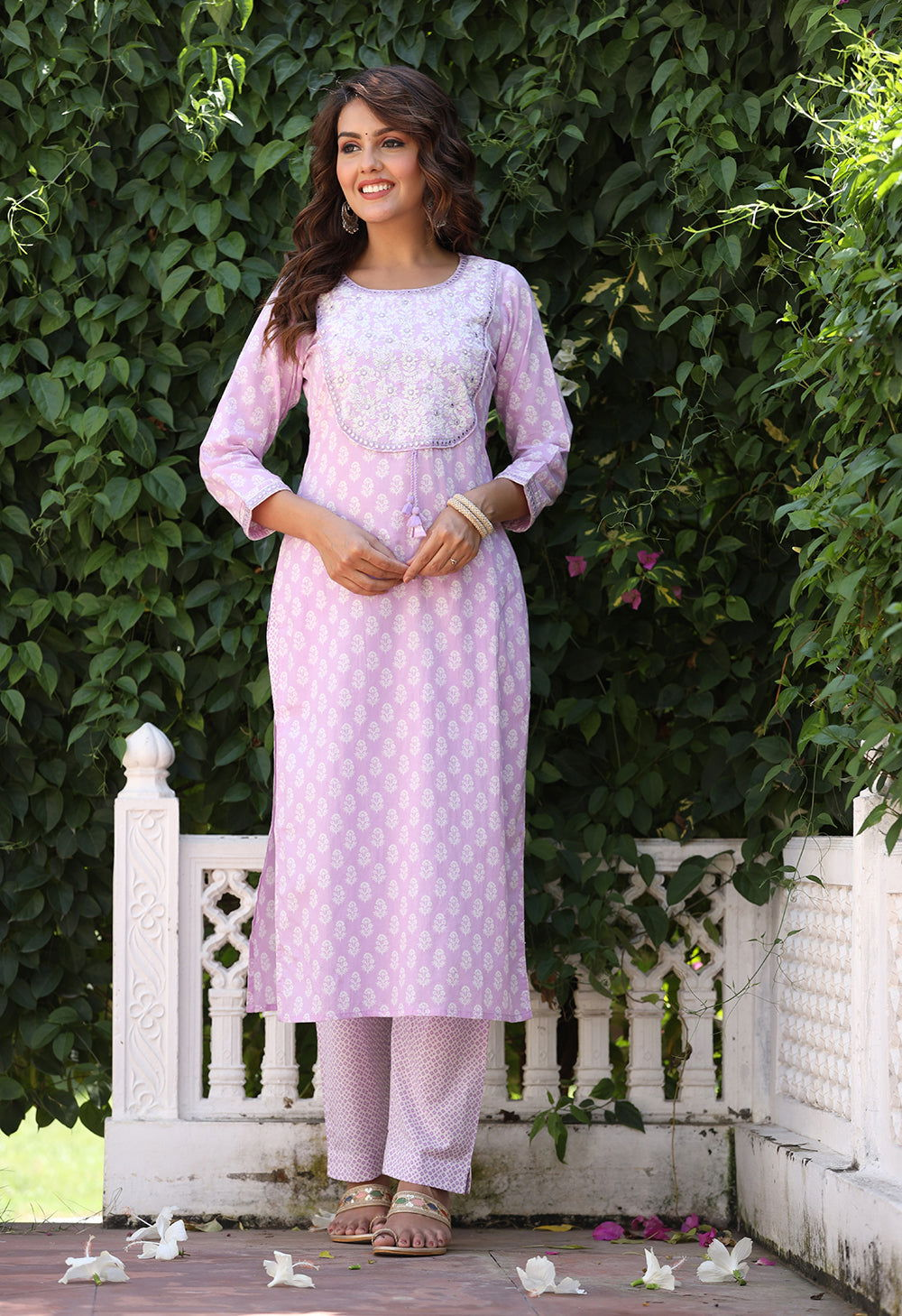 Light Lavender Jaipuri Print Cotton Kurta Pant Set - pacificexportsimports - #tag1#