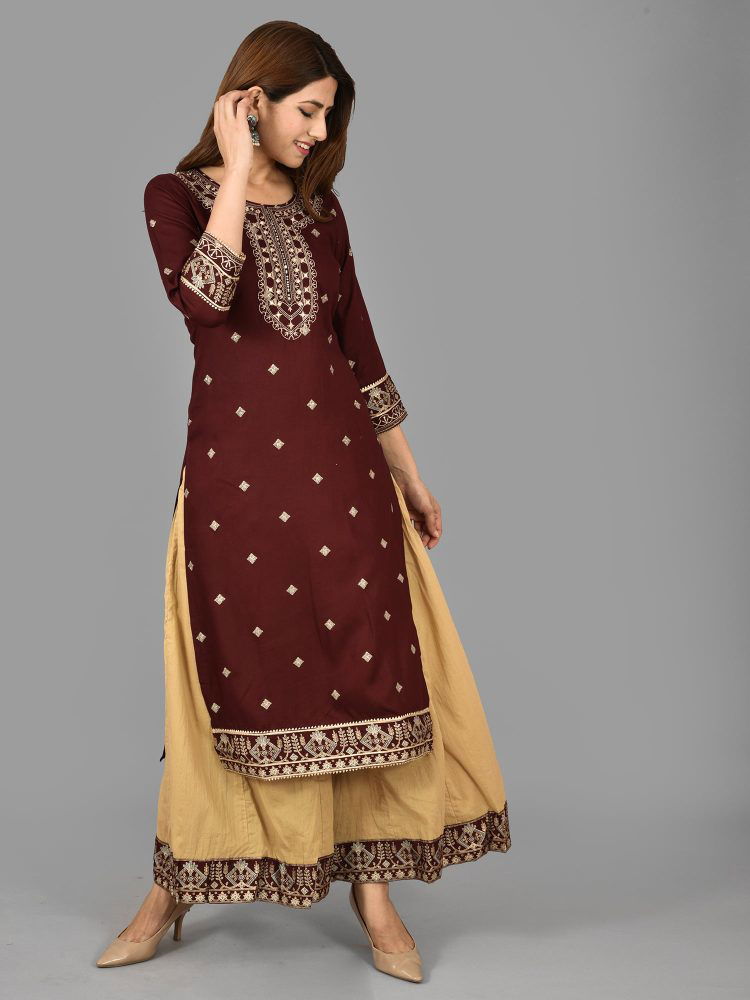 Maroon Embroidered Kurta Sharara Set - pacificexportsimports - #tag1#