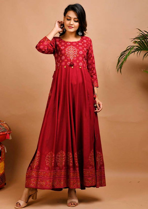 Maroon Embroidery Printed Rayon Ethnic Gown - pacificexportsimports - #tag1#