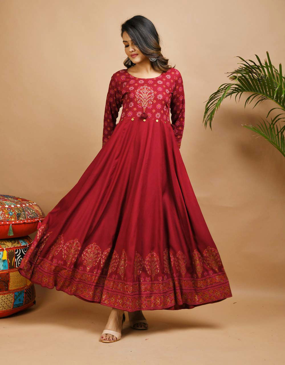 Maroon Embroidery Printed Rayon Ethnic Gown - pacificexportsimports - #tag1#