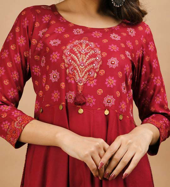 Maroon Embroidery Printed Rayon Ethnic Gown - pacificexportsimports - #tag1#