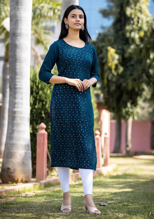 Navy Blue Solid Sequins Embellished Cotton Casual Kurta - pacificexportsimports - #tag1#