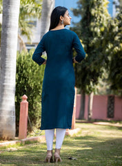 Navy Blue Solid Sequins Embellished Cotton Casual Kurta - pacificexportsimports - #tag1#