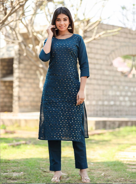 Navy Blue Solid Sequins Embellished Kurta Pant Set - pacificexportsimports - #tag1#