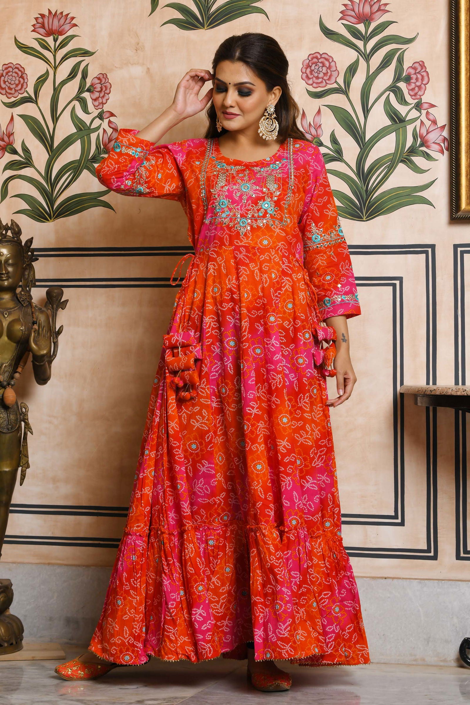 Orange Bandhani Print Ethnic Gown - pacificexportsimports - #tag1#