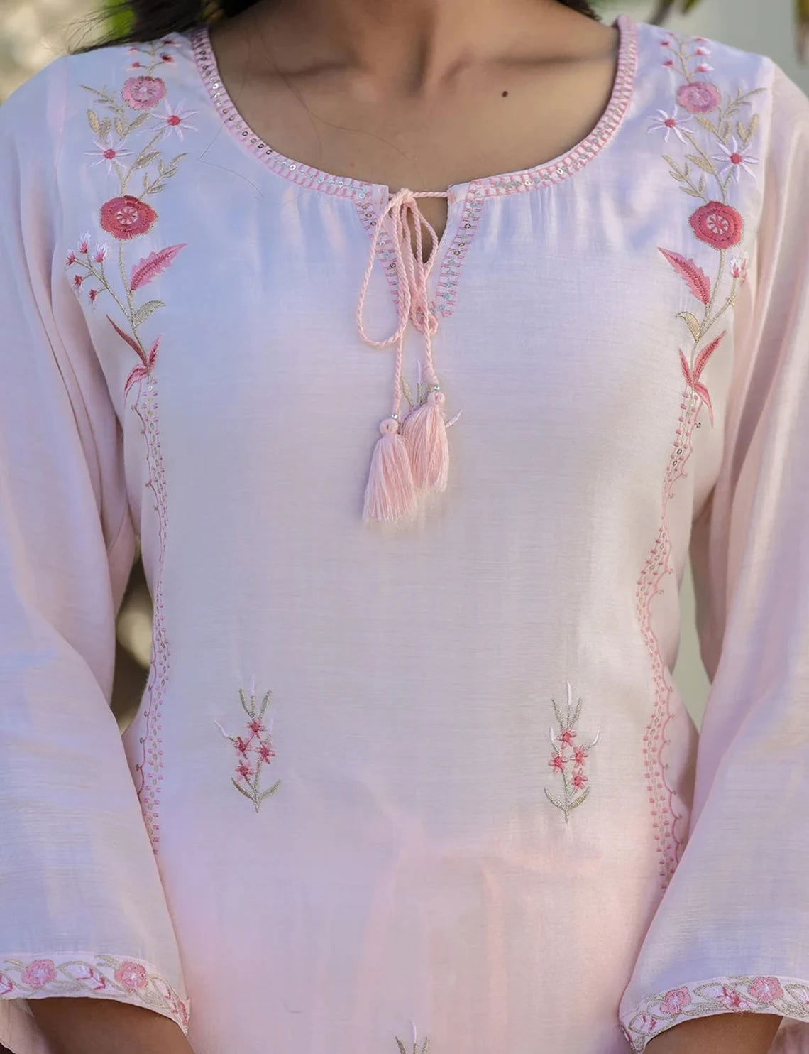 Peach Floral Modal Silk Kurta Pant Set With Dupatta - pacificexportsimports - #tag1#