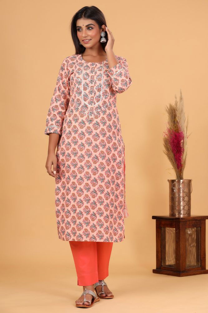 Peach Floral Printed Cotton Kurta Pant Set - pacificexportsimports - #tag1#