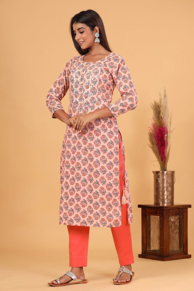 Peach Floral Printed Cotton Kurta Pant Set - pacificexportsimports - #tag1#