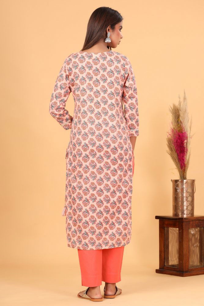 Peach Floral Printed Cotton Kurta Pant Set - pacificexportsimports - #tag1#