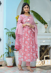 Pink Floral Print Cotton Kurta Pant With Dupatta Set - pacificexportsimports - #tag1#