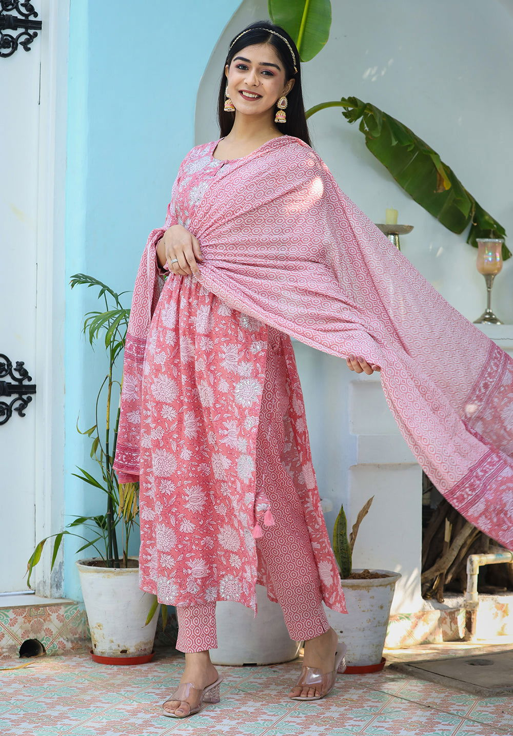 Pink Floral Print Cotton Kurta Pant With Dupatta Set - pacificexportsimports - #tag1#