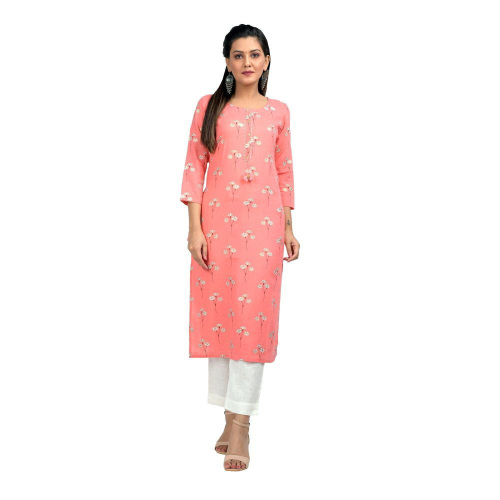 Pink Floral Printed Cotton Casual Kurti - pacificexportsimports - #tag1#