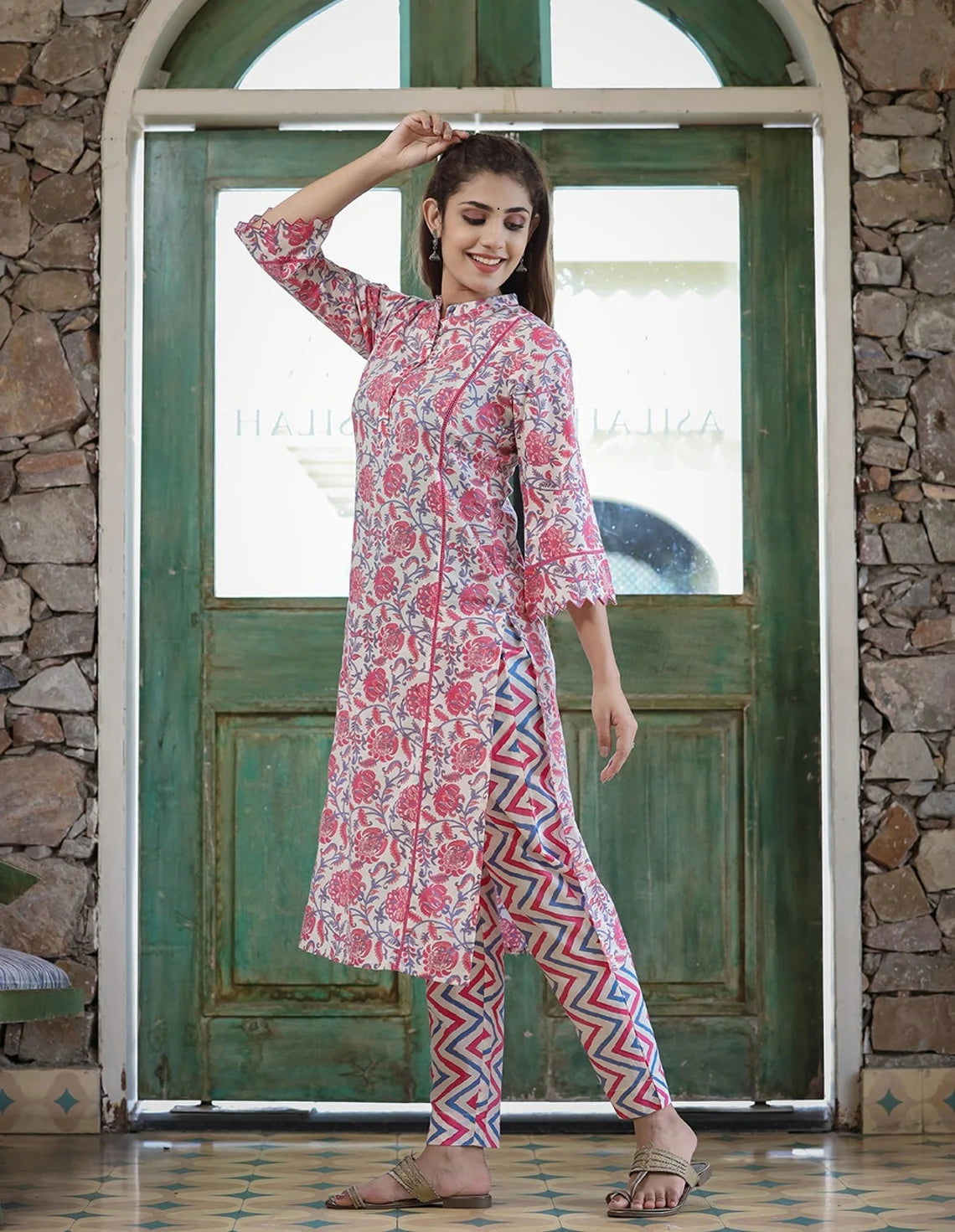 Pink Floral Printed Kurta Pant Set - pacificexportsimports - #tag1#