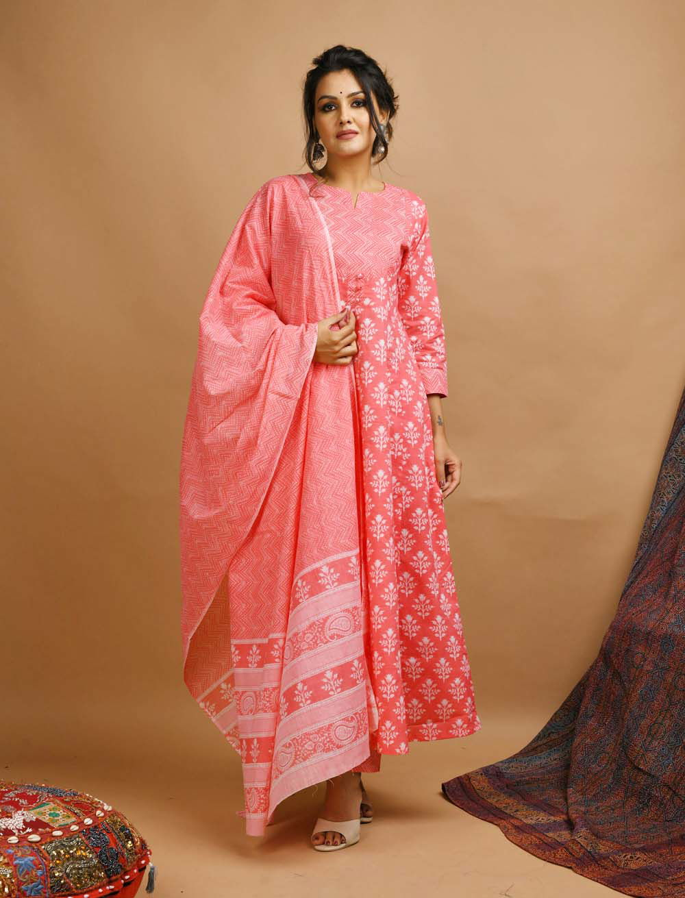 Pink Printed Cotton Kurta Pant With Dupatta - pacificexportsimports - #tag1#