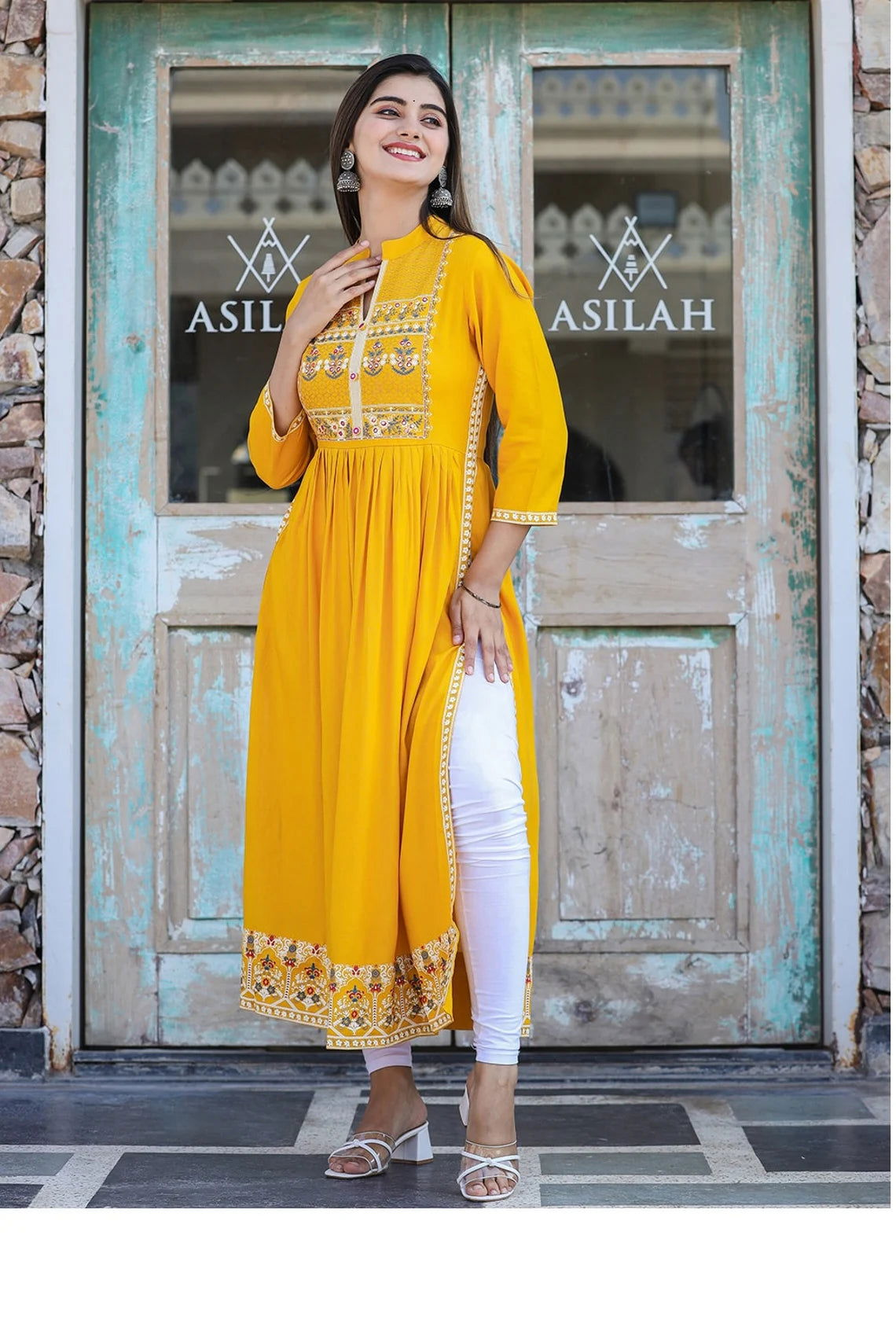 Rayon Printed Yellow Side Slit Long Ethnic Dress - pacificexportsimports - #tag1#