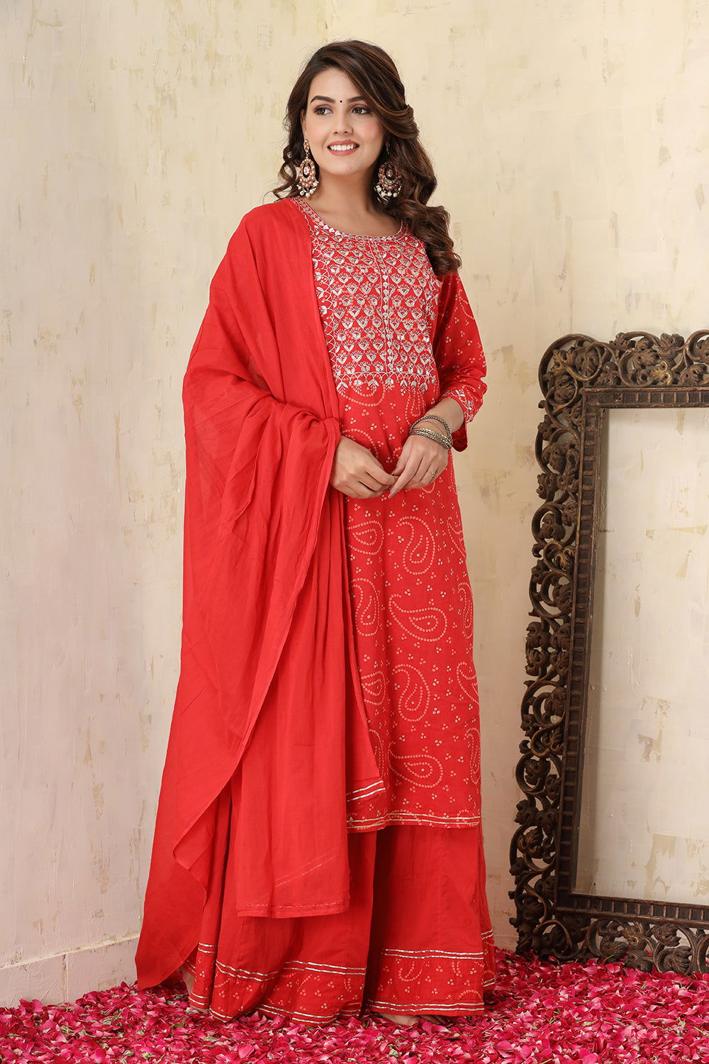 Red Bandhej Embroidered Suit Set - pacificexportsimports - #tag1#