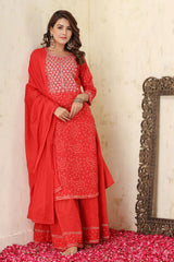 Red Bandhej Embroidered Suit Set - pacificexportsimports - #tag1#