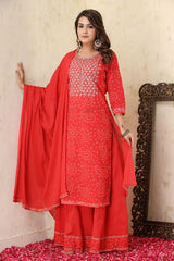 Red Bandhej Embroidered Suit Set - pacificexportsimports - #tag1#