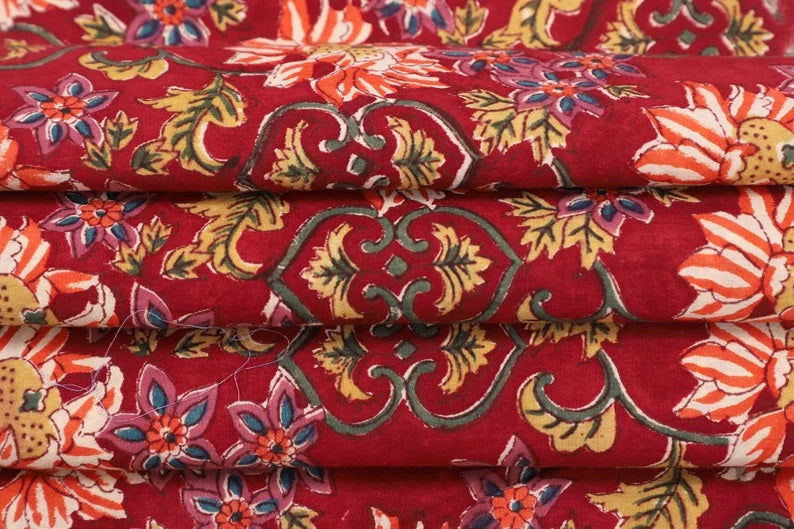 Red Cotton Jaipur Fabric | Floral Hand Block Print Fabric | Running Fabric by the yard - pacificexportsimports - #tag1#