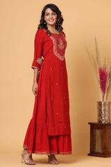 Red Embroidered Chanderi Kurta - pacificexportsimports - #tag1#