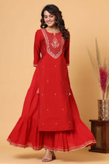 Red Embroidered Chanderi Kurta - pacificexportsimports - #tag1#