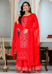 Red Embroidered Silk Kurta Sharara Set With Dupatta - pacificexportsimports - #tag1#