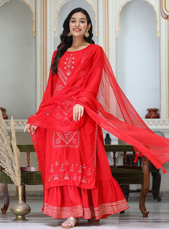 Red Embroidered Silk Kurta Sharara Set With Dupatta - pacificexportsimports - #tag1#