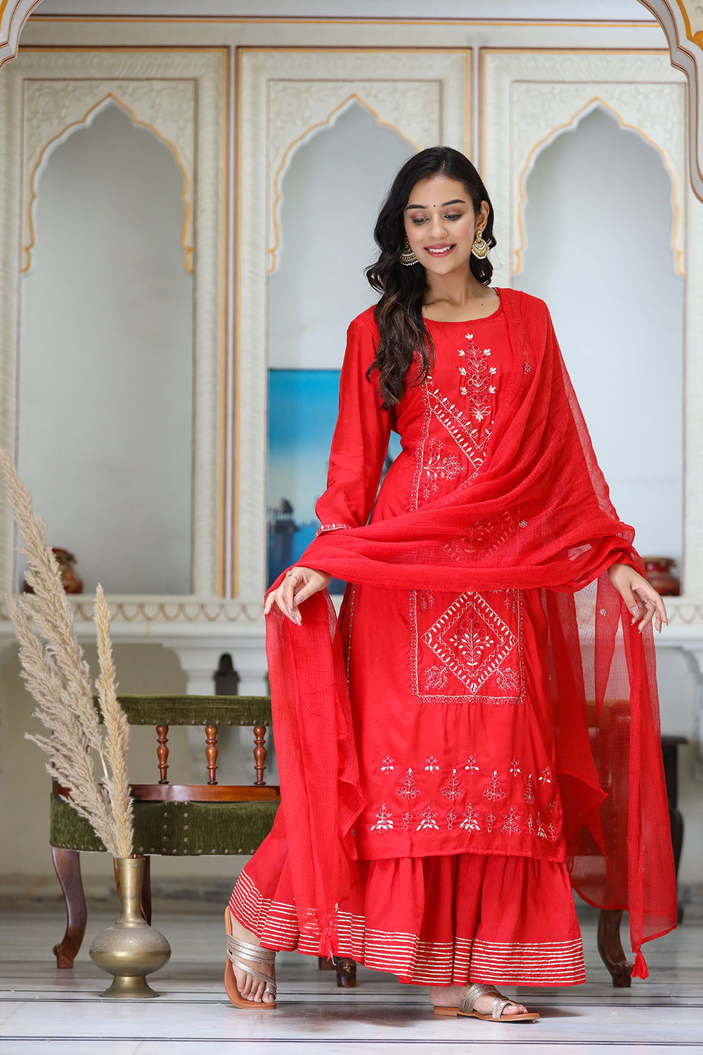 Red Embroidered Silk Kurta Sharara Set With Dupatta - pacificexportsimports - #tag1#