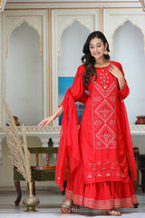 Red Embroidered Silk Kurta Sharara Set With Dupatta - pacificexportsimports - #tag1#