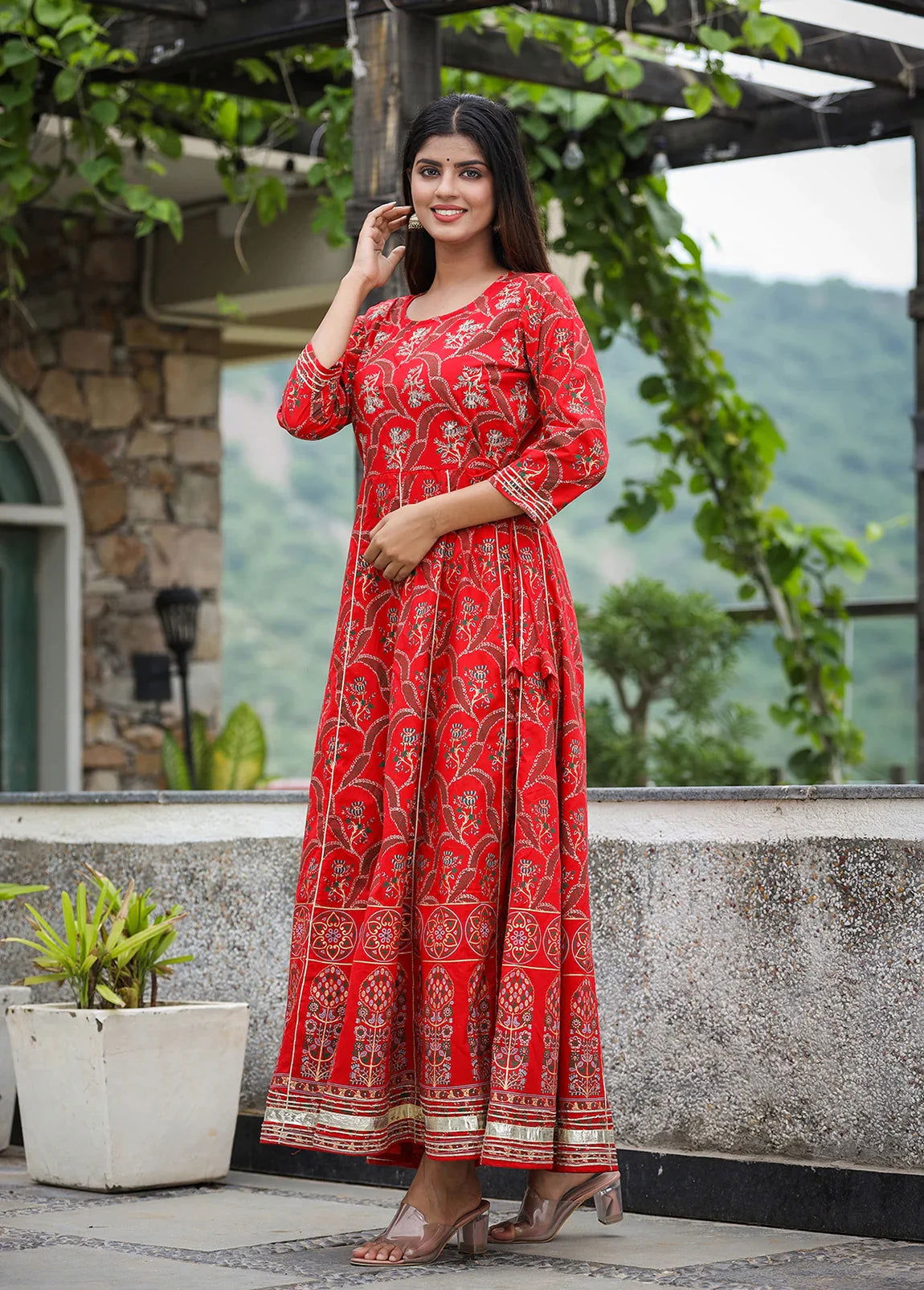 Red Gold Printed Embroidered Cotton Ethnic Dress - pacificexportsimports - #tag1#