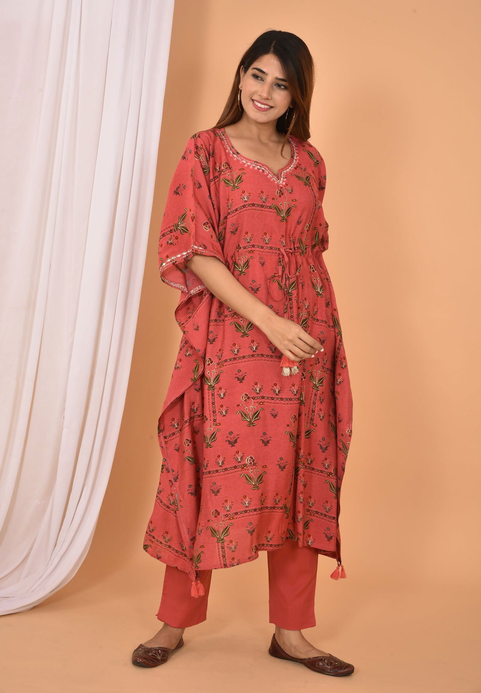 Red Mirror Embroidery Long Kaftan Pant Set - pacificexportsimports - #tag1#