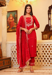 Red Rayon Embroidered Kurta Pant Set With Dupatta - pacificexportsimports - #tag1#