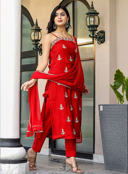 Red Sleeveless Silk Kurta Pant With Dupatta Set - pacificexportsimports - #tag1#