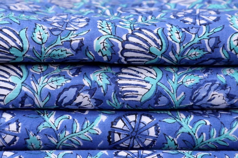 Running Fabric by the yard | Hand Block Print Fabric | Blue Indian Cotton Fabric - pacificexportsimports - #tag1#