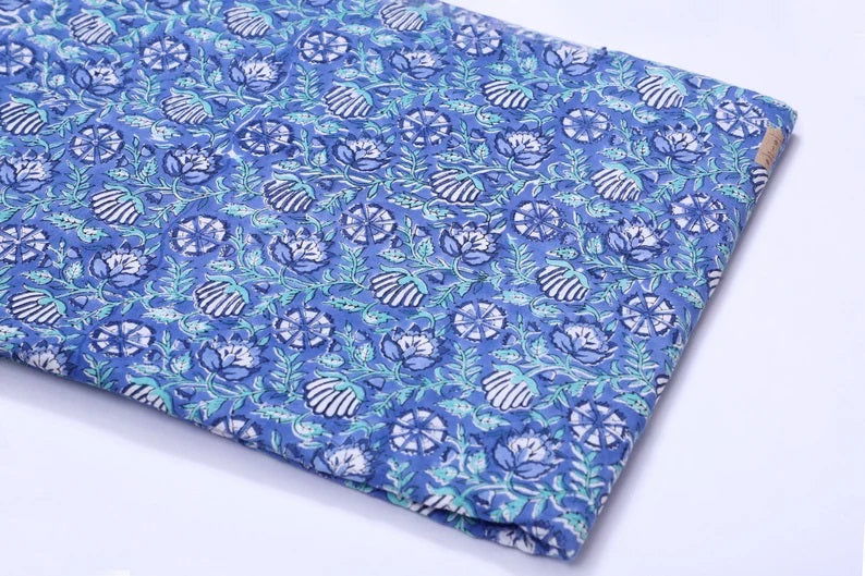 Running Fabric by the yard | Hand Block Print Fabric | Blue Indian Cotton Fabric - pacificexportsimports - #tag1#