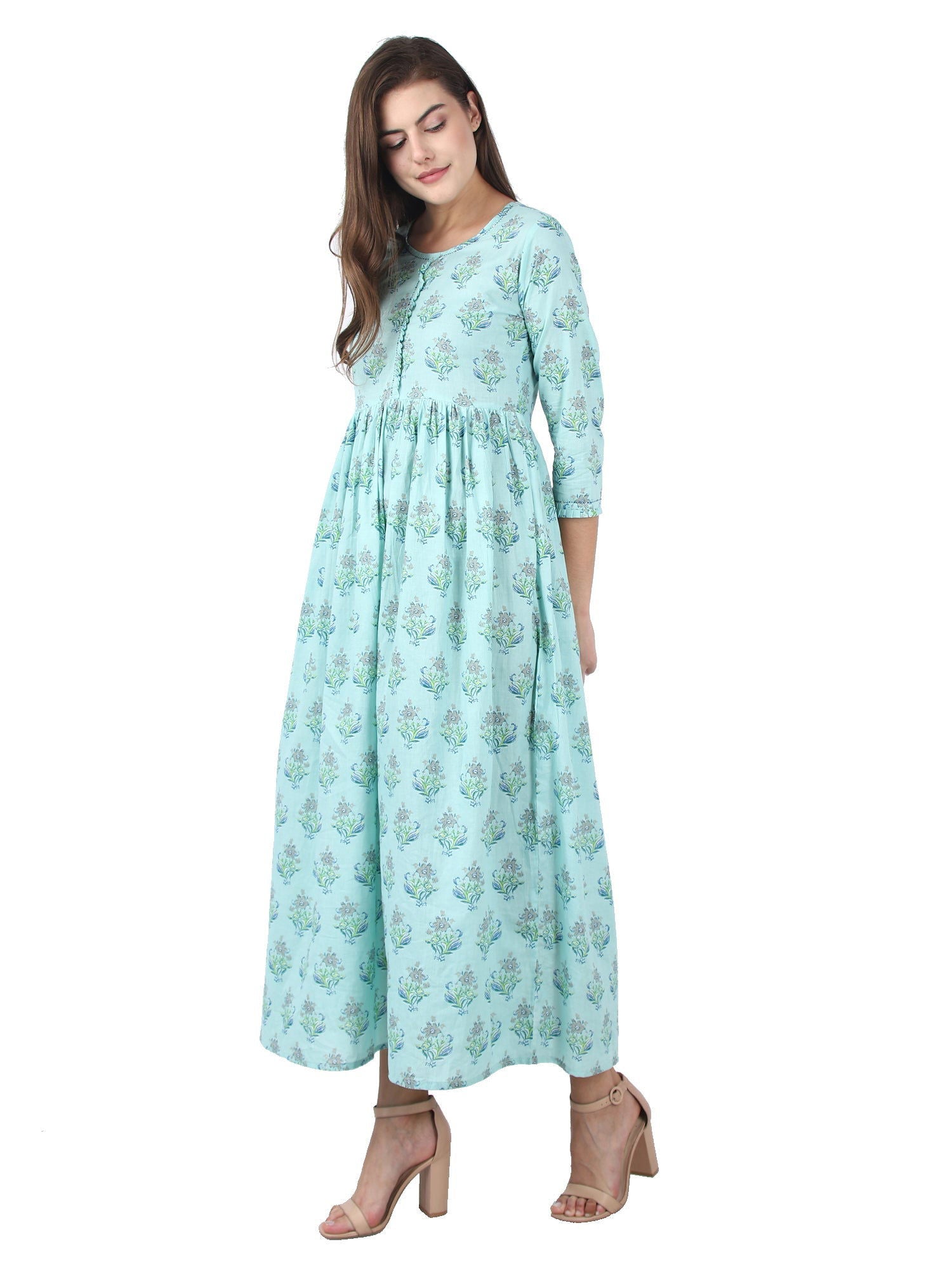 Sea Green Printed Ankle Long Ethnic Gown - pacificexportsimports - #tag1#