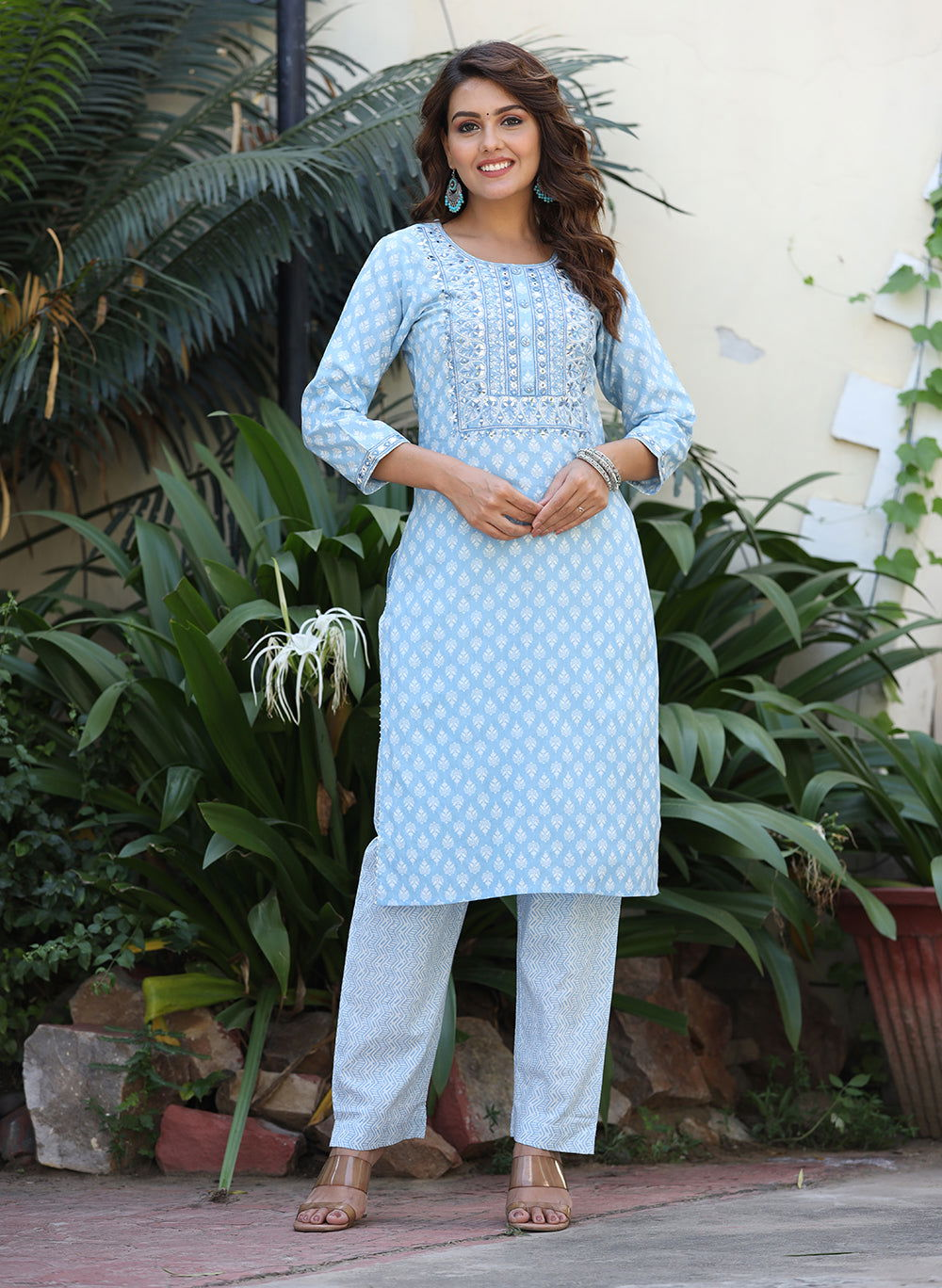 Sky Blue Jaipuri Print Cotton Kurta Pant Set - pacificexportsimports - #tag1#