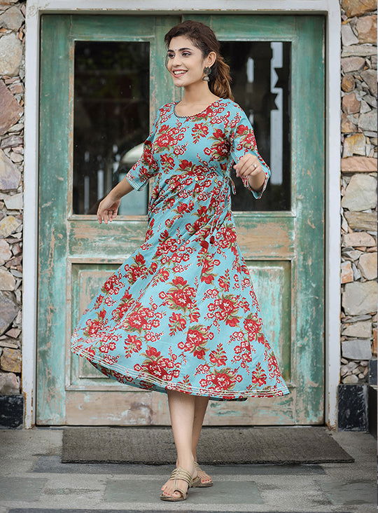 Turquoise Floral Printed Cotton Ethnic Dress - pacificexportsimports - #tag1#