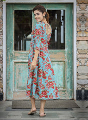 Turquoise Floral Printed Cotton Ethnic Dress - pacificexportsimports - #tag1#